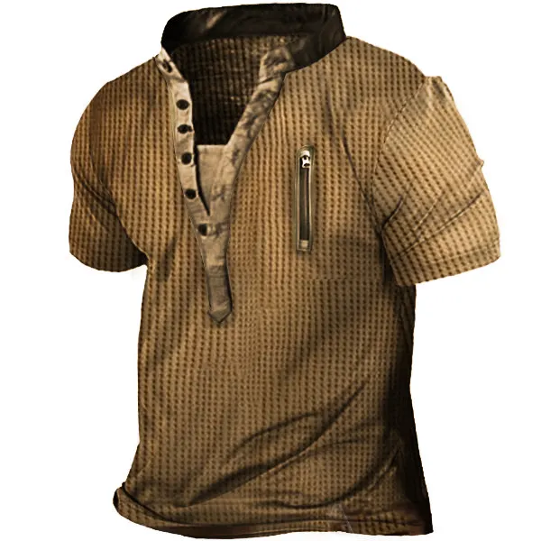 Waffle Fabric Men's Outdoor Zip Retro Print Tactical Henley Short Sleeve T-Shirt - Nikiluwa.com 