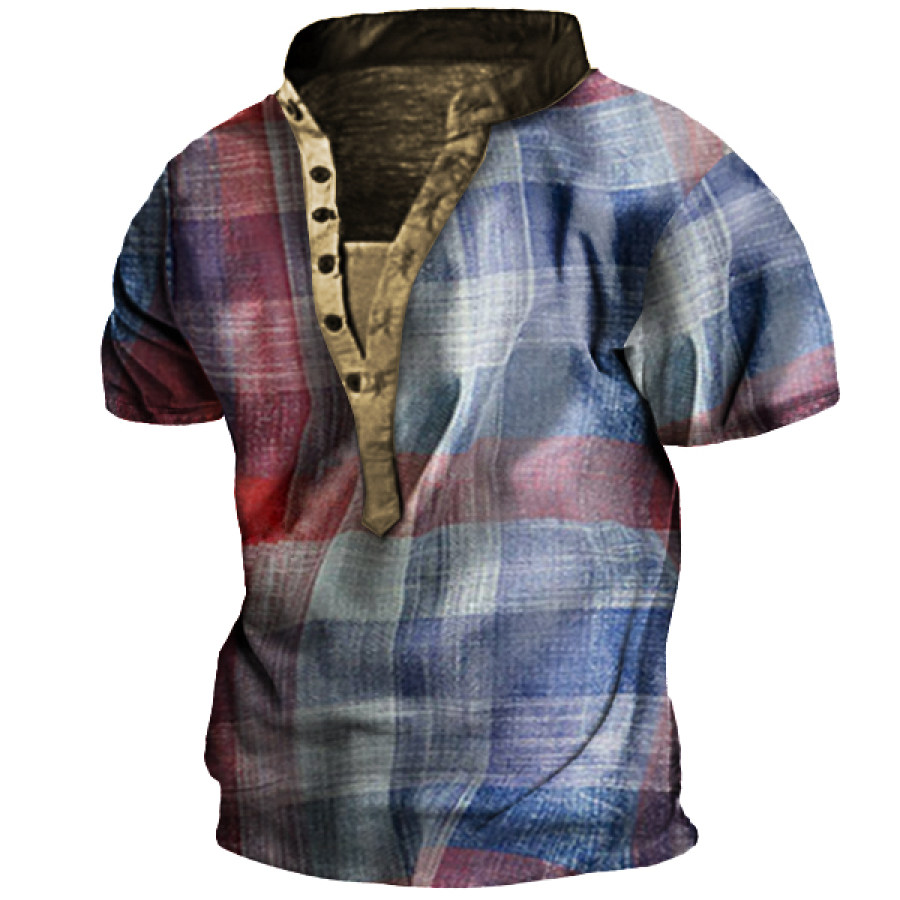 

Taktisches Henley-T-Shirt Für Herren Mit Vintage Check-Print Und Retro-Reißverschluss