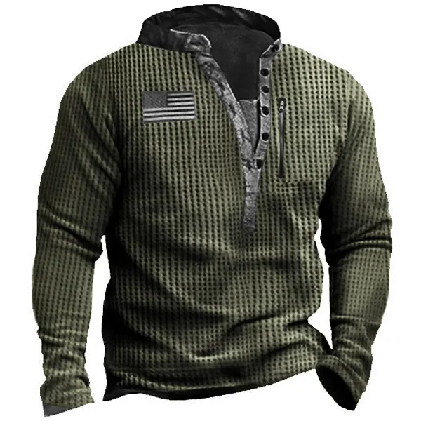 Waffle Fabric Men's Outdoor Zip Retro Print Tactical Henley Long Sleeve