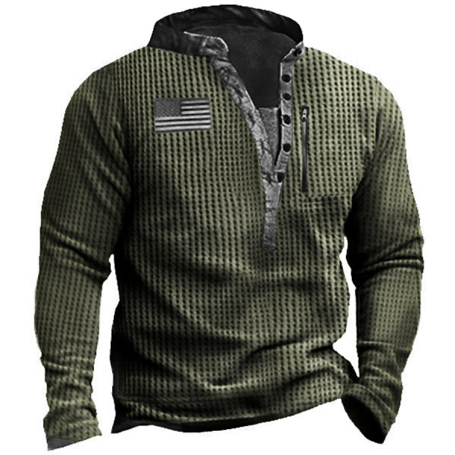 

Waffle Fabric Men's Outdoor Zip Retro Print Tactical Henley Long Sleeve T-Shirt