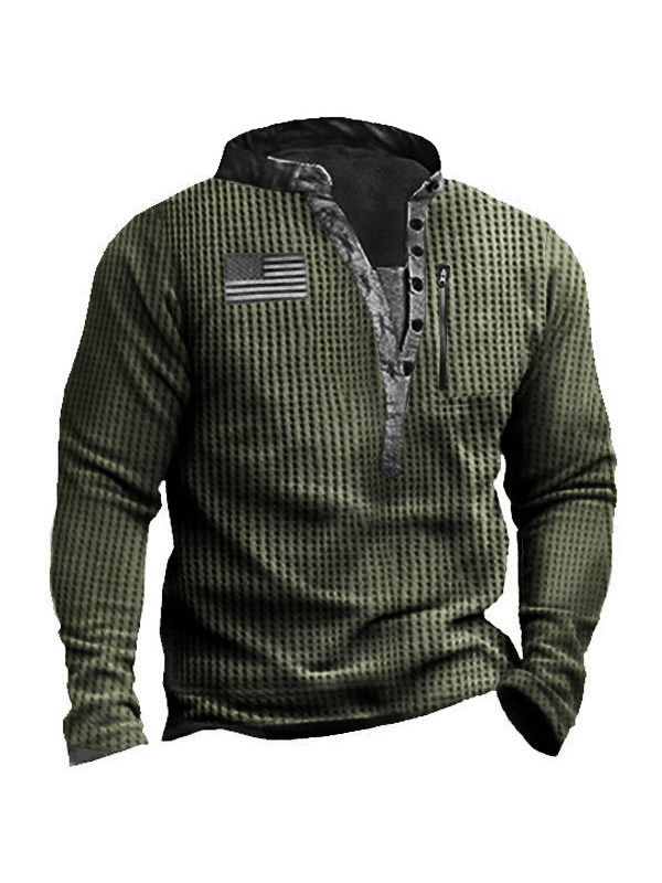 Waffle Fabric Men's Outdoor Zip Retro Print Tactical Henley Long Sleeve T-Shirt