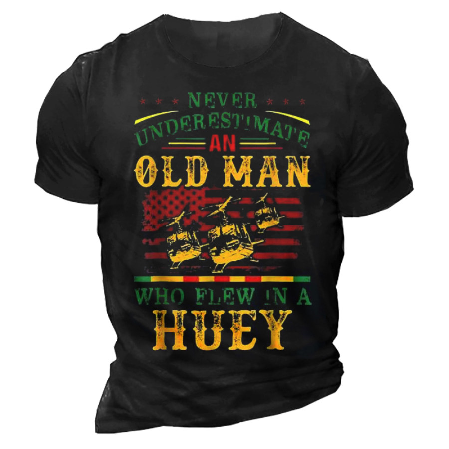 Never Underestimate An Old Man With Flew In A Huey Print T-Shirt