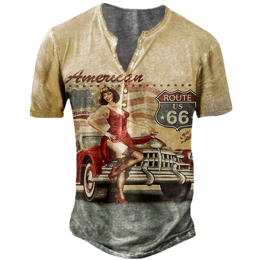 

Men's Vintage American Car Route 66 Print Henley Shirt