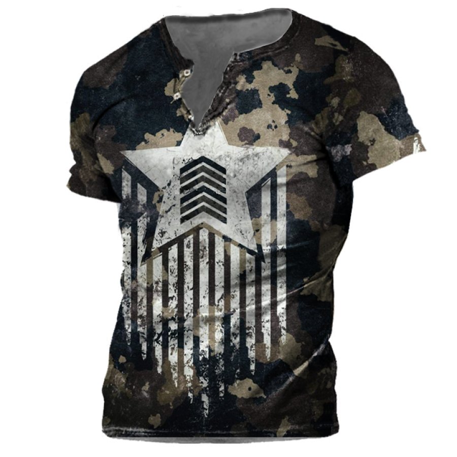 

Men's Camo Military Henley Collar T-Shirt