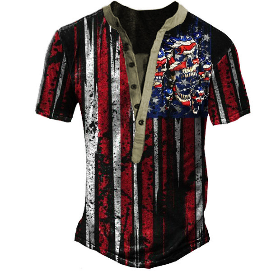 

Men's Flag Skull Henley Short Sleeve T-Shirt