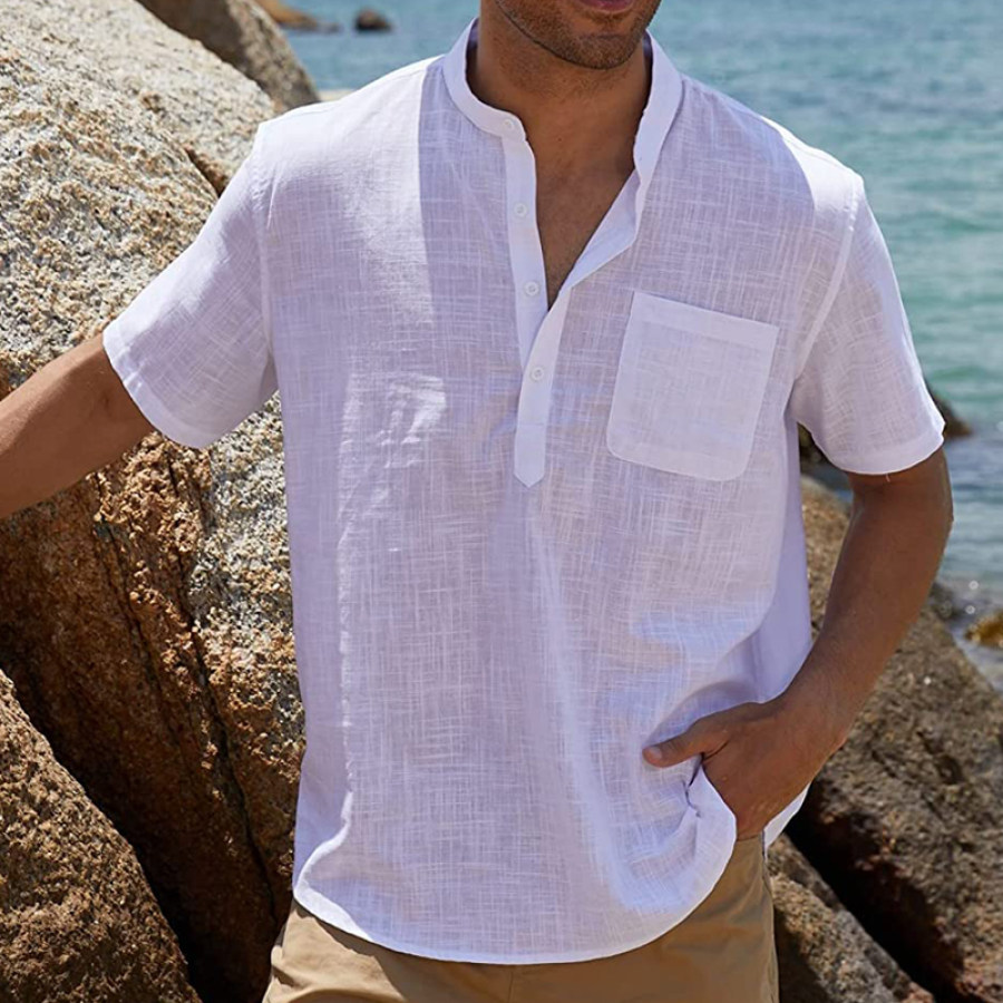

Men's Outdoor Cotton Linen PocketHenley Shirt Short Sleeve T Shirts