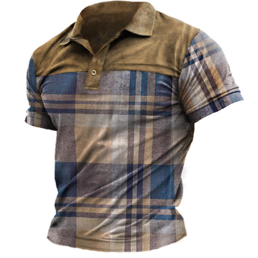 

Vintage Check Print Men's Outdoor Tactical Patchwork Zip Pocket Polo T-Shirt