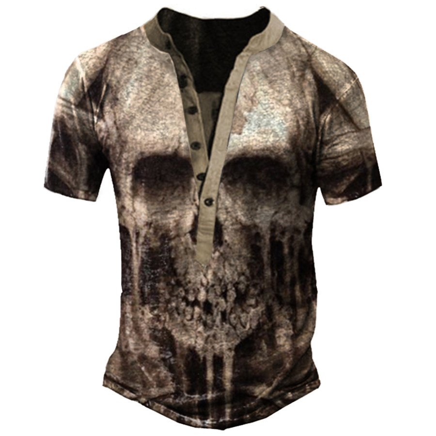 

Men's Outdoor Camouflage Skull Print Henley T-Shirt