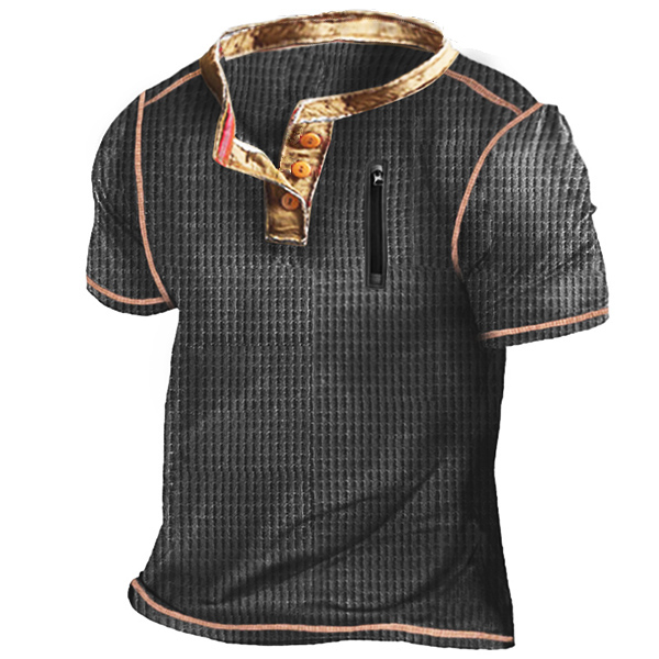Waffle Men's Outdoor Chic Zipper Pocket Tactical Henley Short Sleeve T-shirt