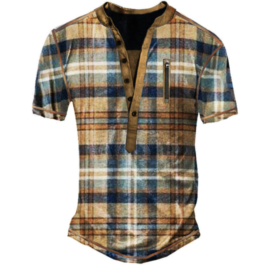 

Vintage Plaid Print Men's Outdoor Zip Pocket Henley Tactical Short Sleeve T-Shirt