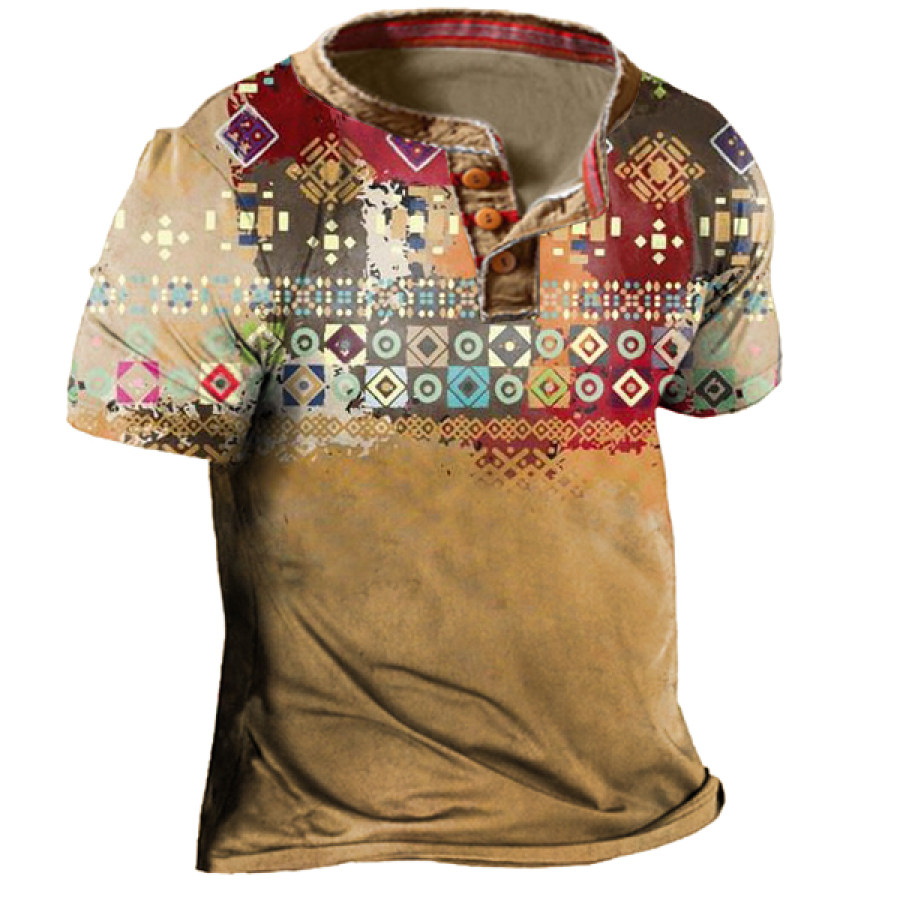 

Men's Outdoor Vintage Western Pattern Henley Collar T-Shirt