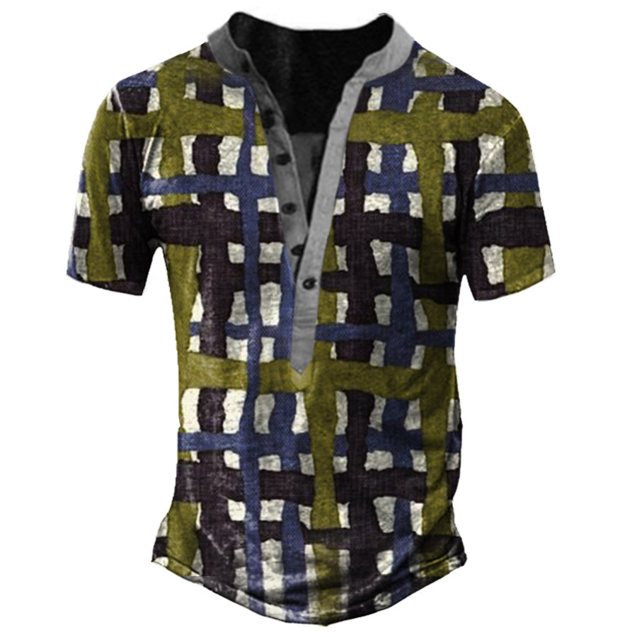 

Men's Vintage Geometric Plaid Print Henley Collar T-Shirt