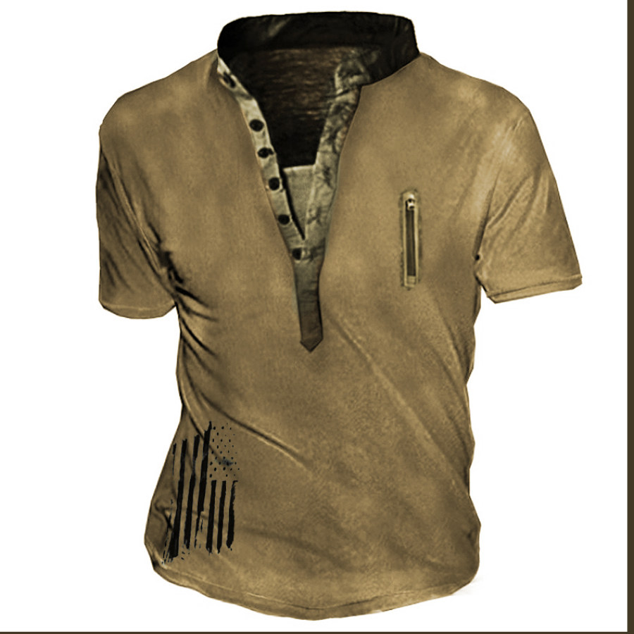 

Men's Vintage American Flag Print Zip Independence Day Henry Tactical T-Shirt