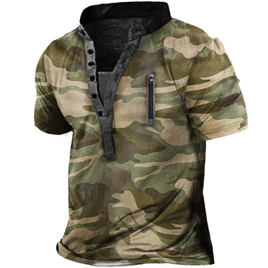 

Camo Print Men's Vintage Henley Zip Pocket Tactical Henley Collar T-Shirt