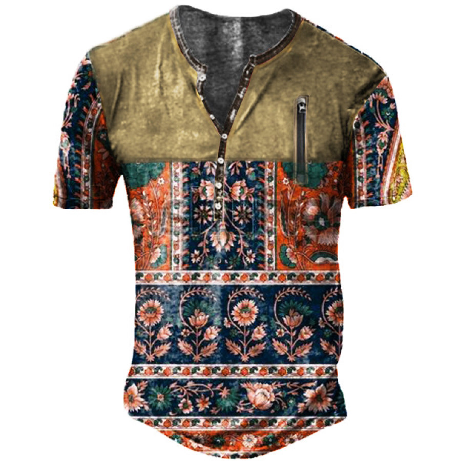 

Vintage Ethnic Print Men's Outdoor Henley Collar Tactical Short Sleeve T-Shirt