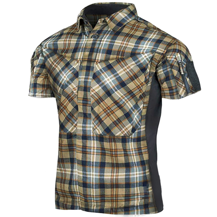 

Vintage Check Print Men's Outdoor Zipper Pocket Velcro Tactical Polo T Shirt