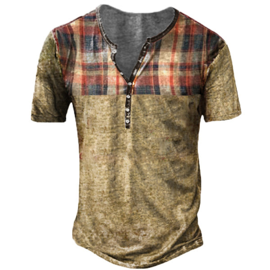 

Vintage Check Print Men's Outdoor Tactical Henley Collar Short Sleeve T-Shirt