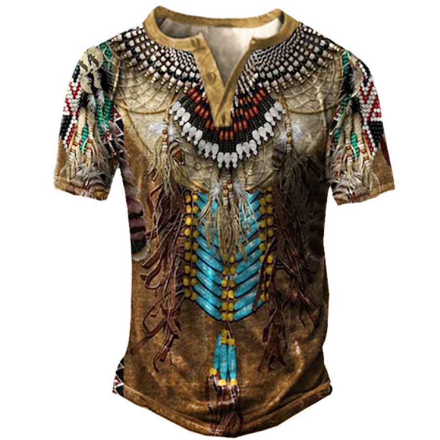 

Men's Vintage Western Ethnic Fringe Print Henley T-Shirt