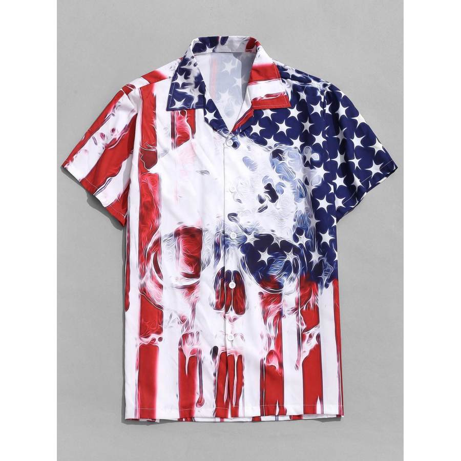 

American Flag Skull Print Men's Short Sleeve Shirt