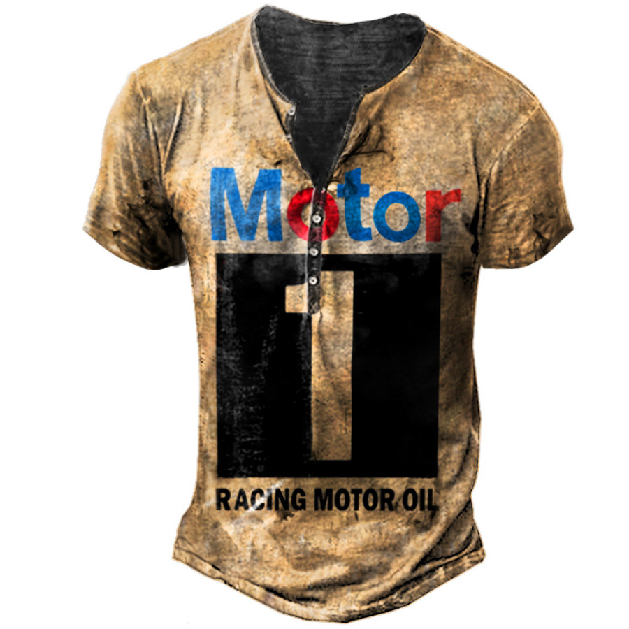 

Vintage Motor Oil Print Men's Outdoor Print Tactical Henley T-Shirt