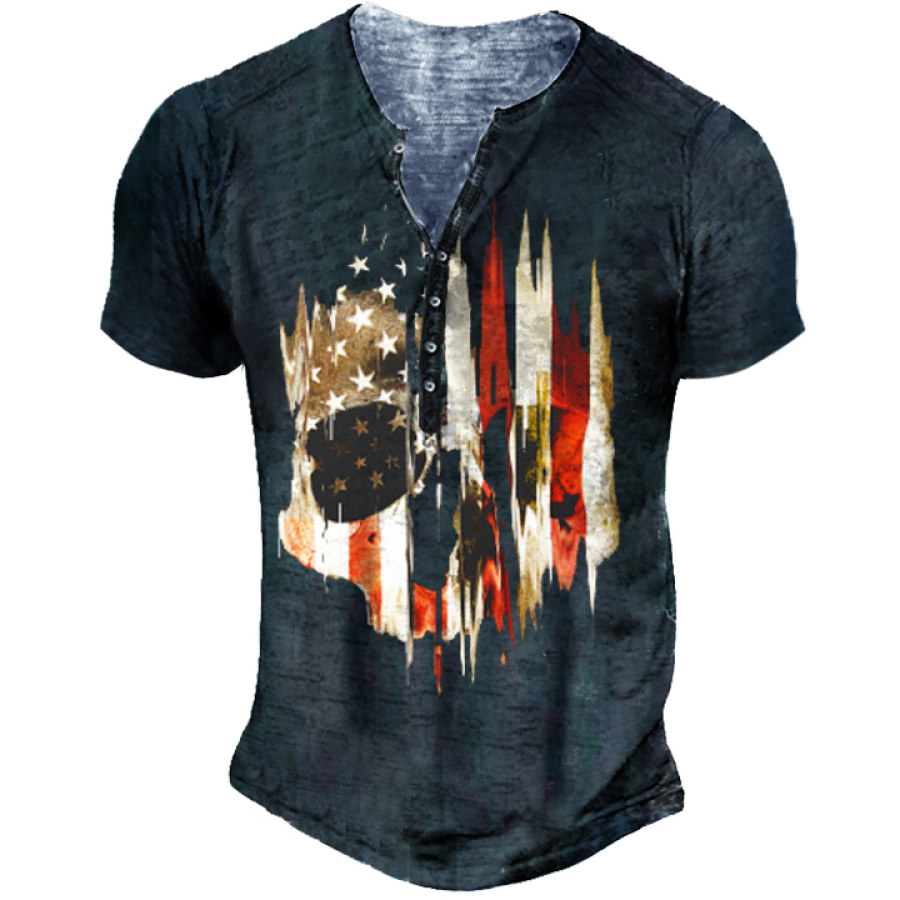 

American Flag Skull Print Men's Outdoor Retro Henley Tactical T-Shirt