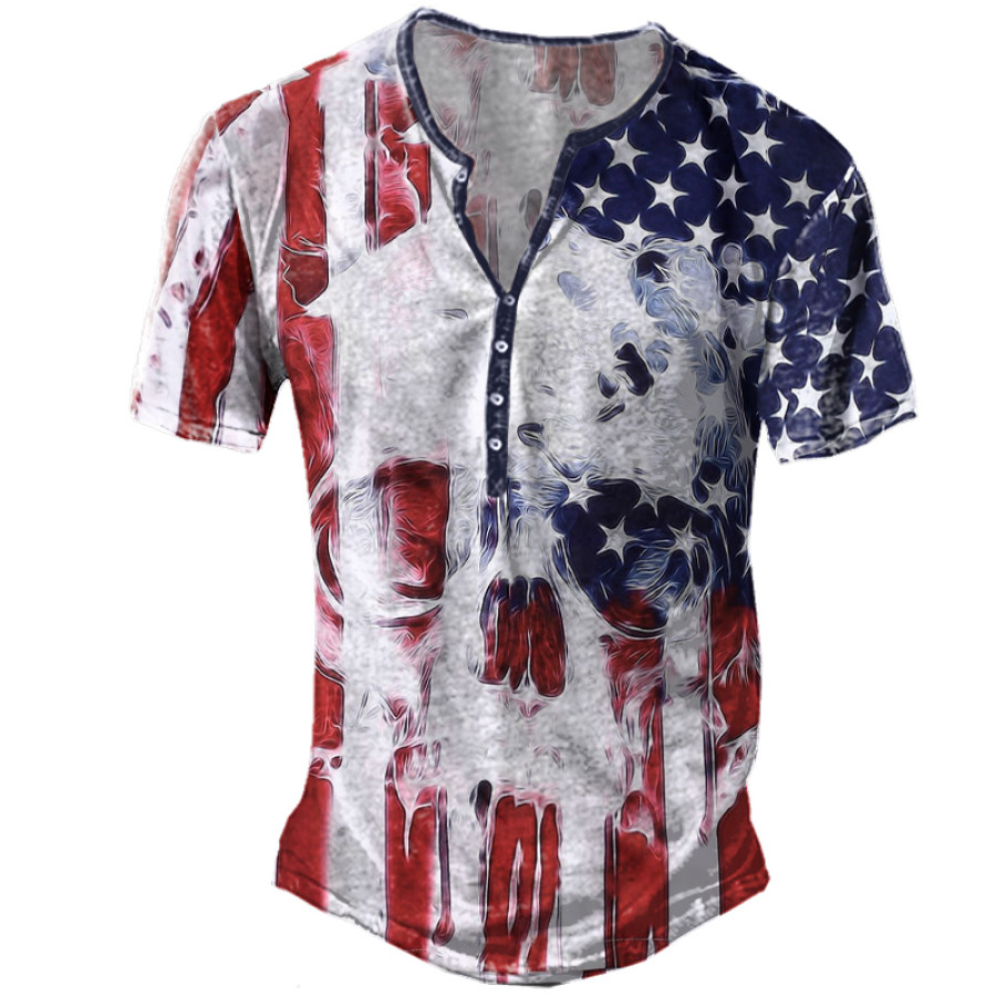 

American Flag Skull Print Men's Henley Short Sleeve T-Shirt