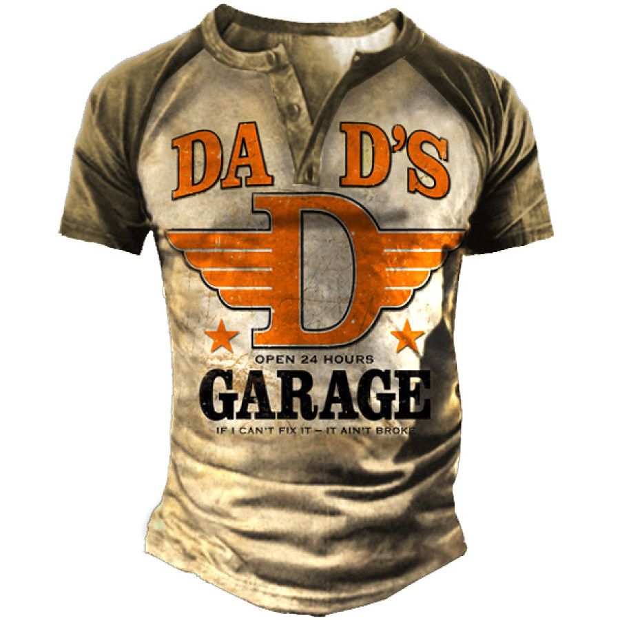 

Dad's Garage Vintage Print Men's Henley Collar Tactical Short Sleeve T-Shirt