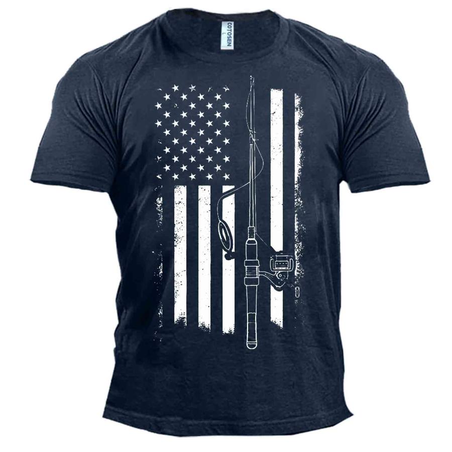 

Men's American Fishing Flag Print Cotton T-Shirt
