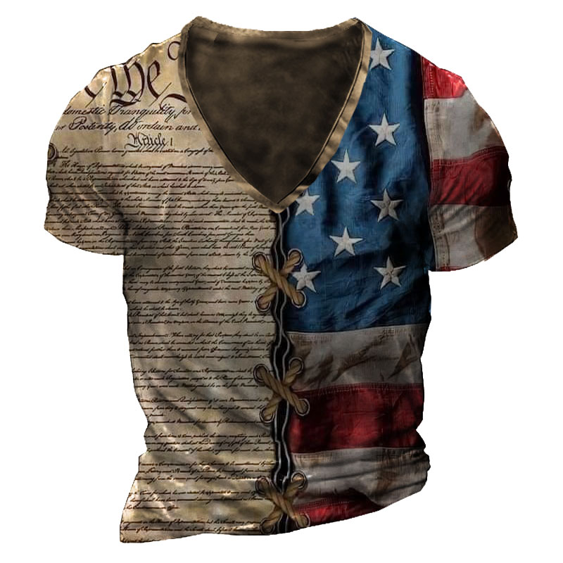 Men's American Flag V Neck Chic Short Sleeve T-shirt