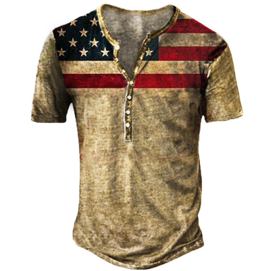 

American Flag Vintage Print Men's Henley Short Sleeve T-Shirt