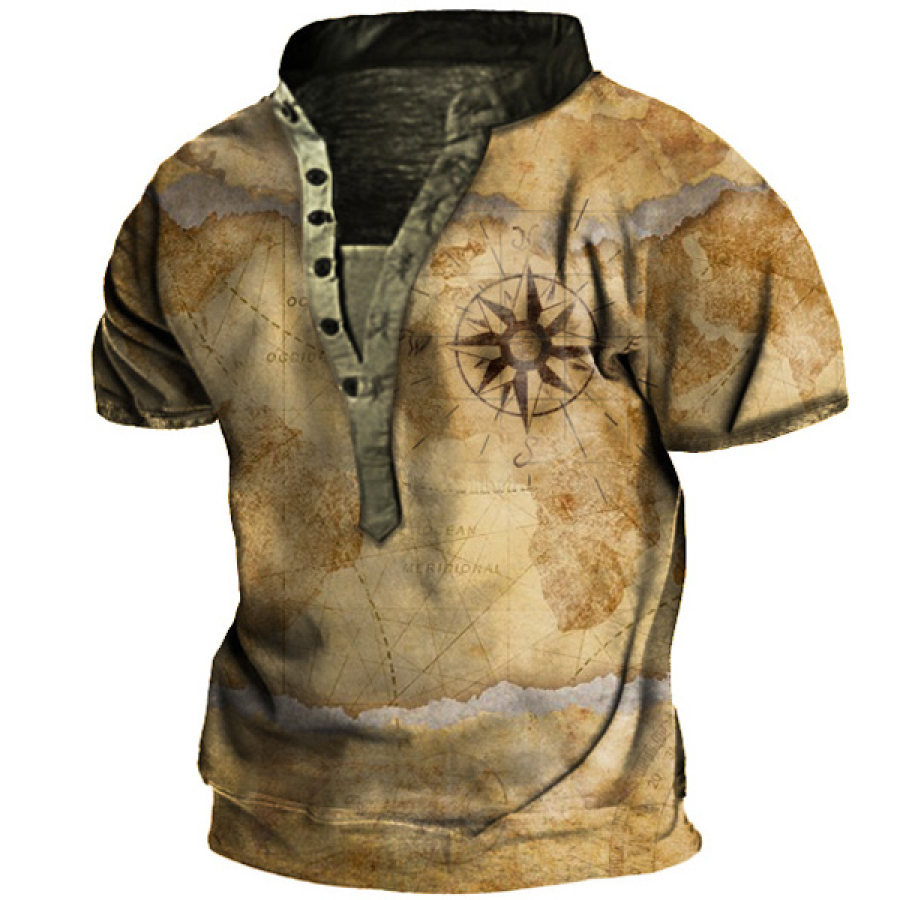 

Винтажная морская карта с принтом компаса мужская футболка с воротником Henley Tactical Short Sleeve T-Shirt