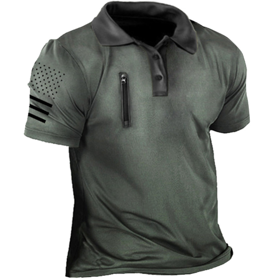 

Men's Outdoor Zip Pocket Retro Print Tactical Polo Short Sleeve T-Shirt