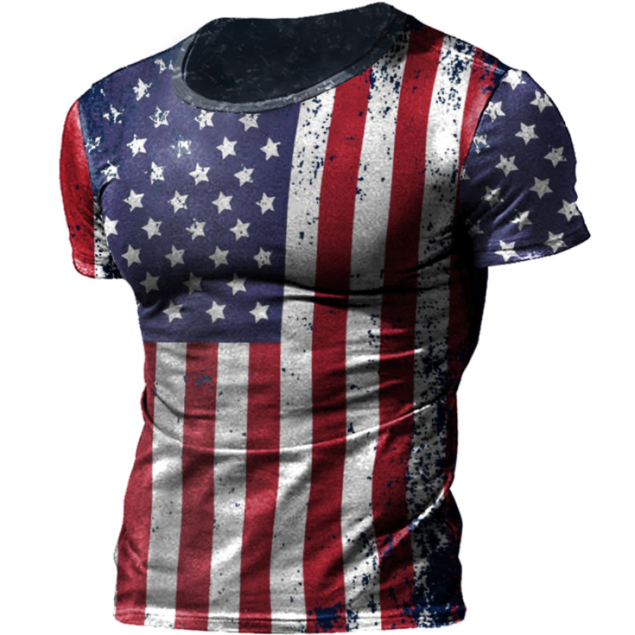 

T-shirt Tattica A Maniche Corte Da Uomo Vintage Con Stampa Bandiera Americana