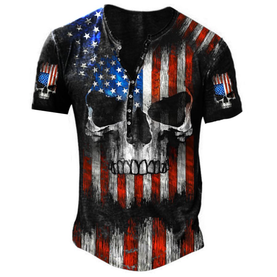 

Men's Flag Skull Henley Collar T-Shirt
