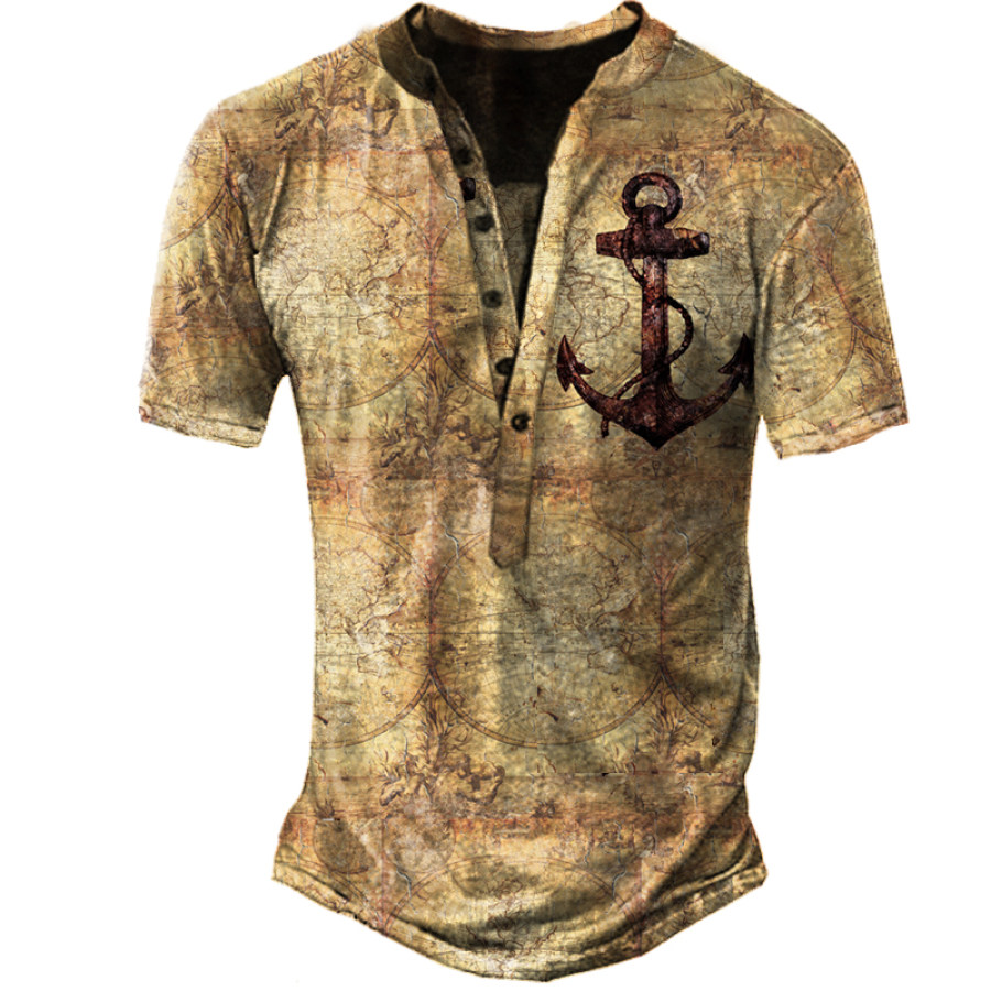 

Camiseta Masculina Vintage Com Estampa De Mapa Náutico Vintage Henley Tático Manga Curta