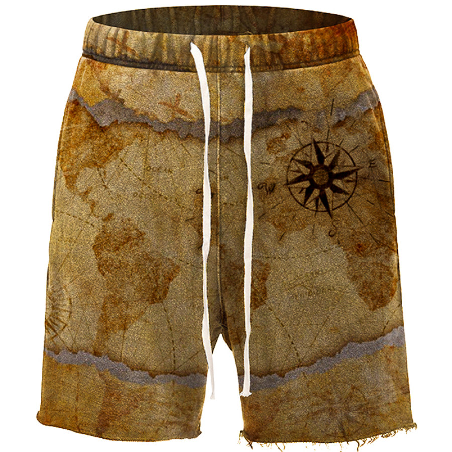 

Men's Vintage Nautical Compass Print Casual Shorts