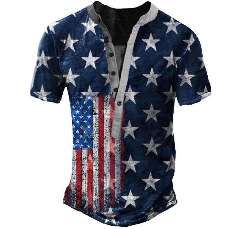 

T-shirt Manica Corta Henley Con Bandiera Americana Da Uomo