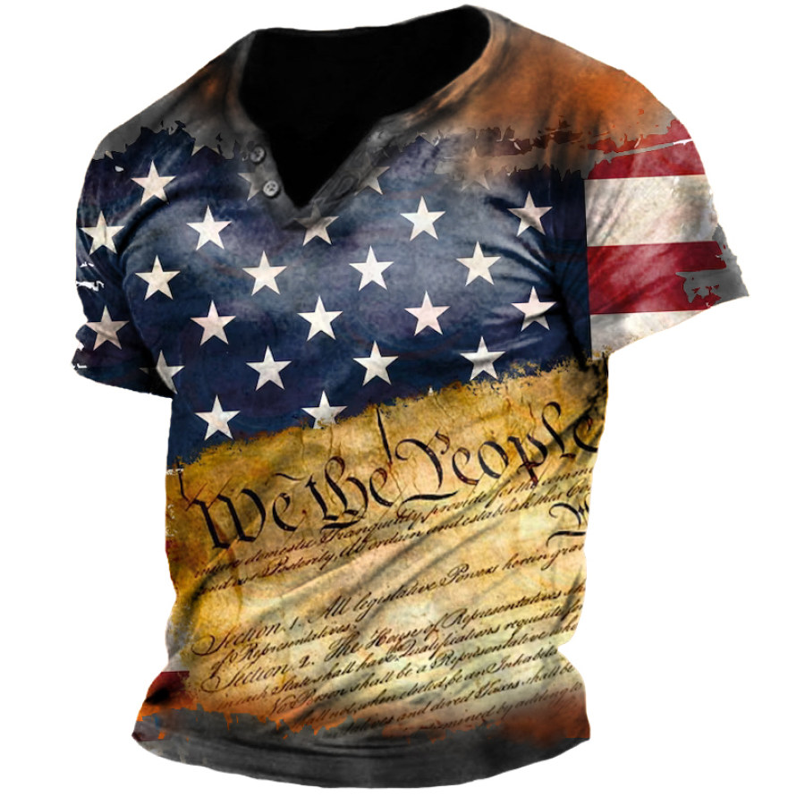 

American Flag Men's Vintage Print Henley Tactical Short Sleeve T-Shirt