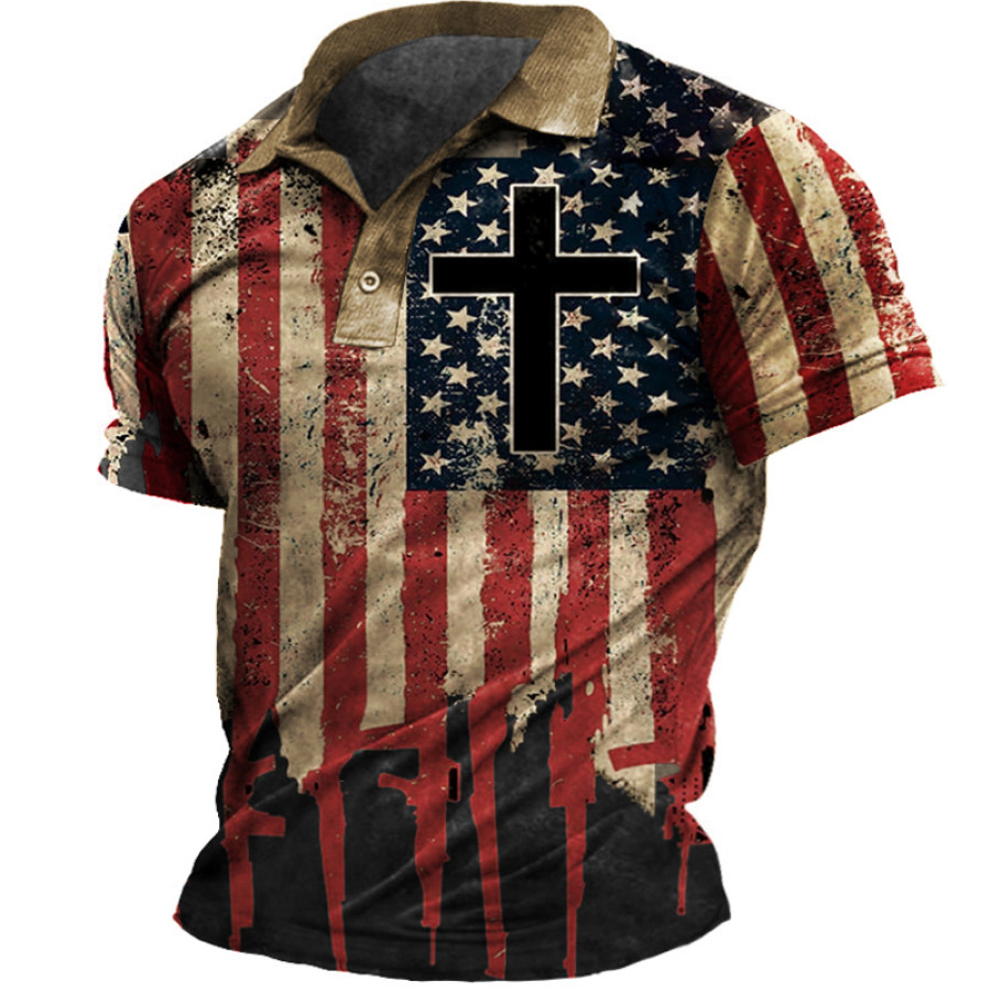 

Jesus Cross American Flag Vintage Print Men's POLO Neck Short Sleeve T-Shirt
