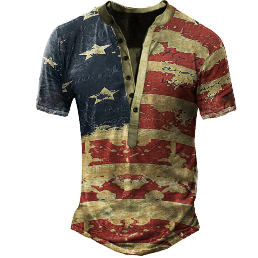 

Men's Vintage Print Henley Collar Tactical Short Sleeve T-Shirt