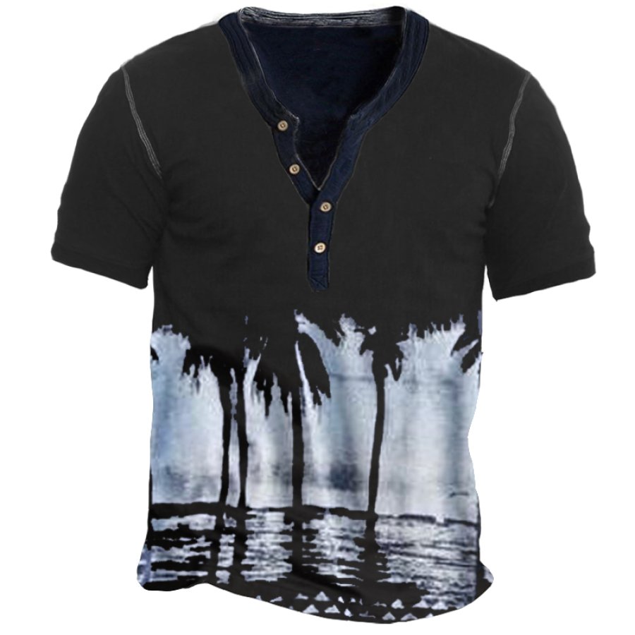 

Men's Hawaiian Beach Print Henley Collar T-Shirt