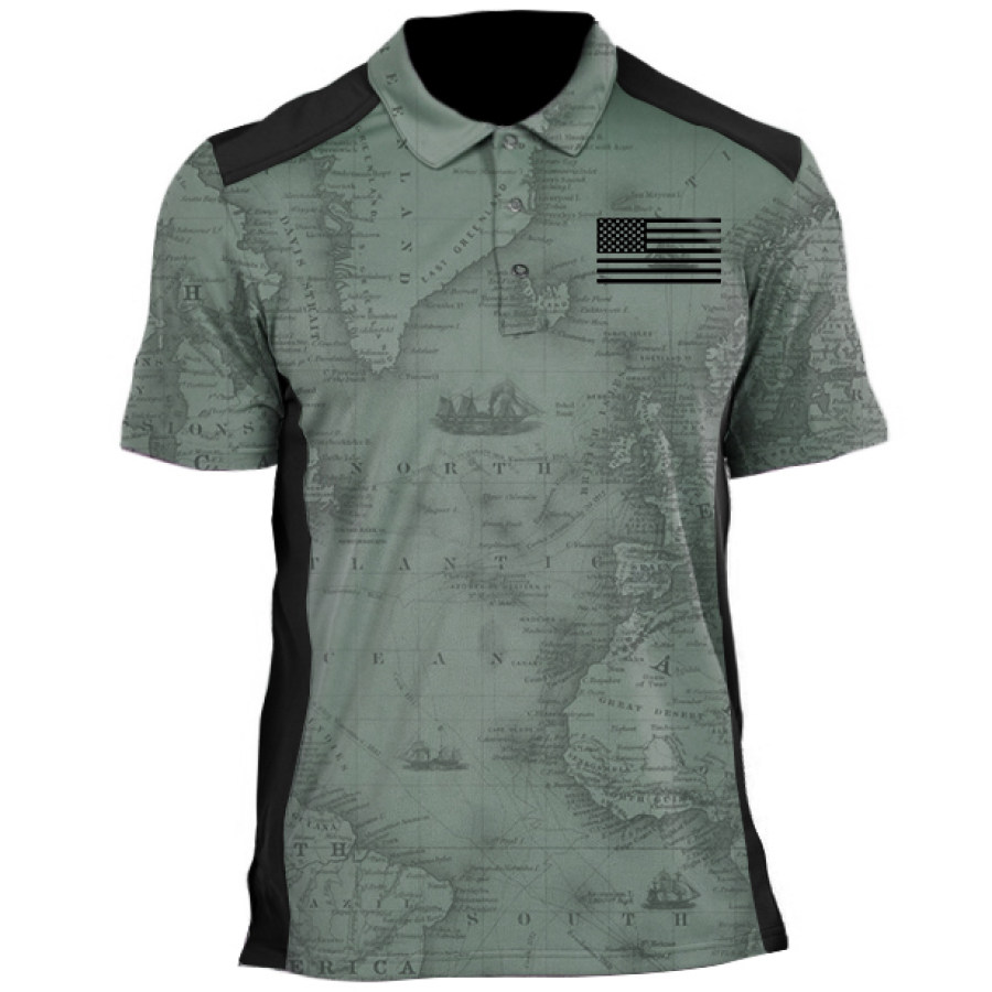 

Men's Outdoor World Map American Flag Polo T-Shirt