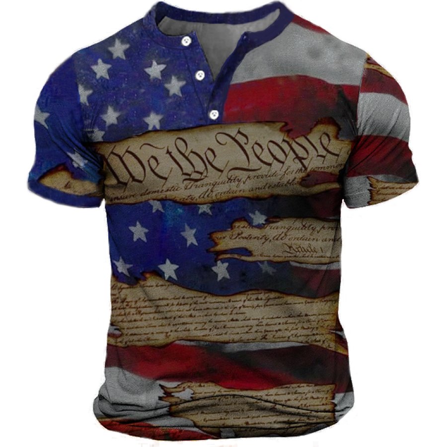 

We The People Men's Flag Colorblock Print Henley Collar T-Shirt