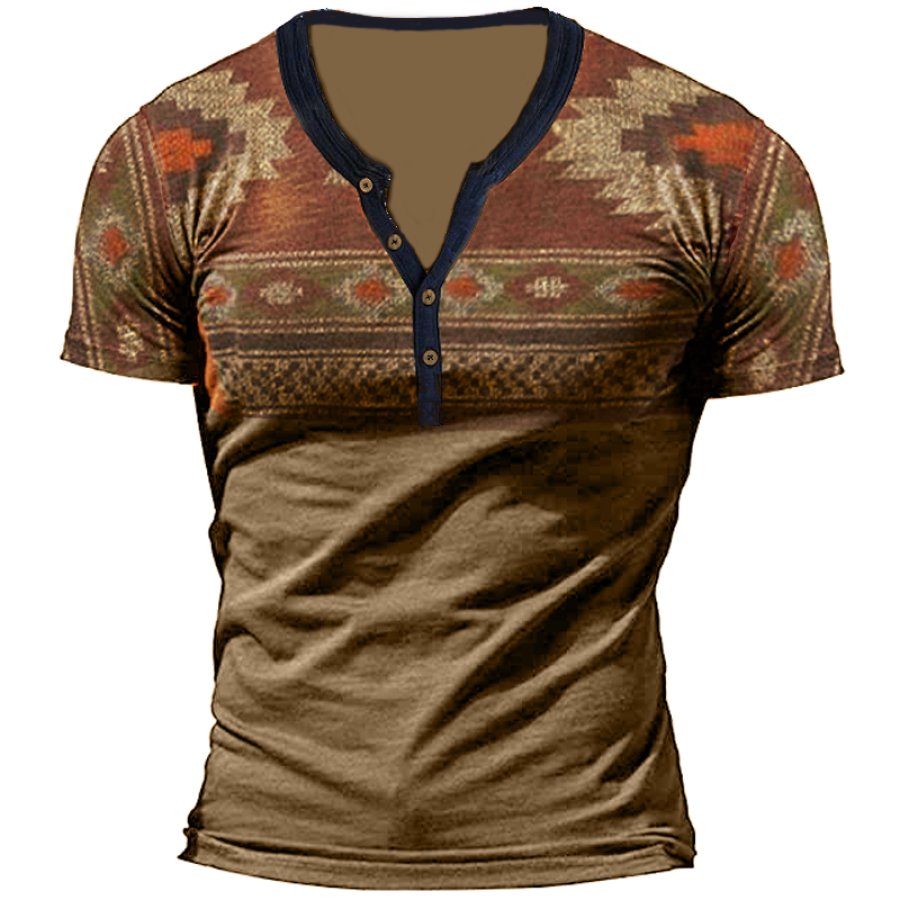 

Men's Vintage Totem Print Henley Collar T-Shirt