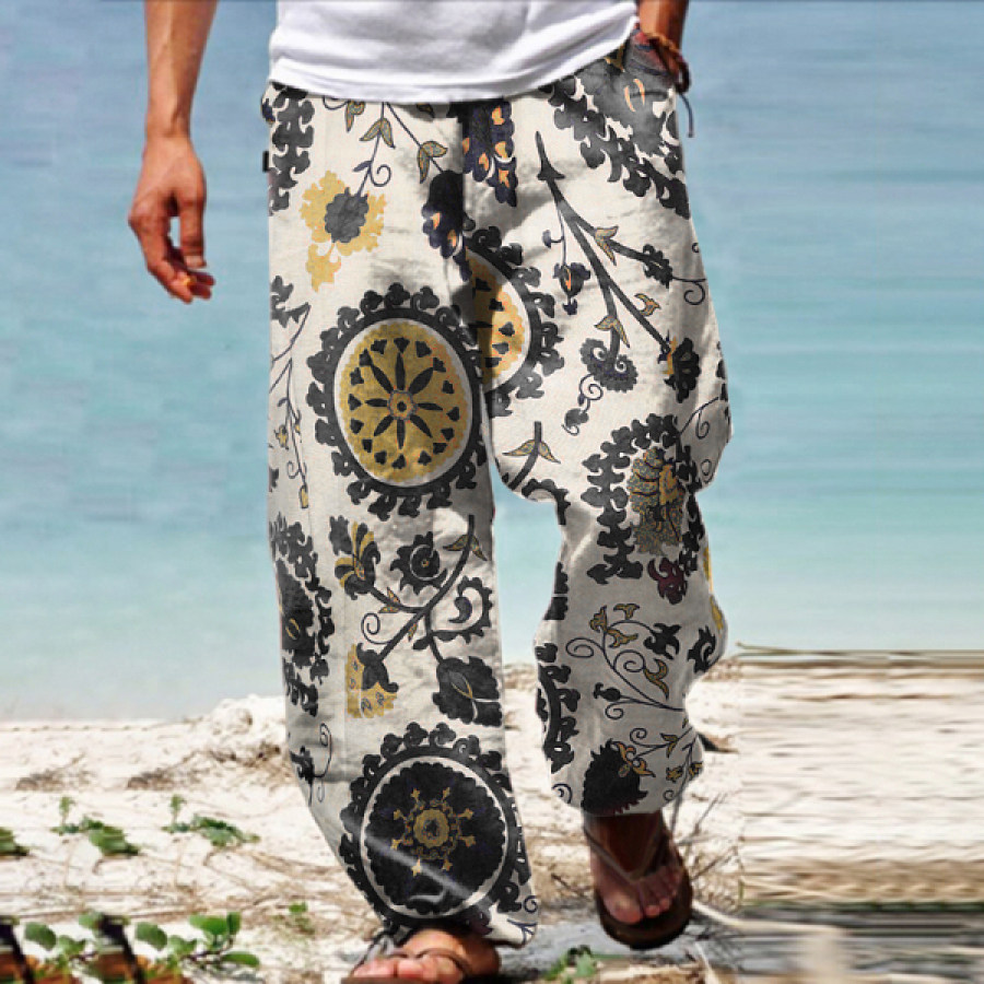 

Men's Linen Western Ethnic Irregular Boho Print Double Pocket Stretch Loose Pants