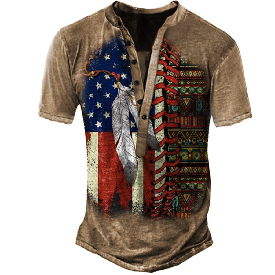 

Men's Vintage Ethnic American Flag Feathers Henley T-Shirt