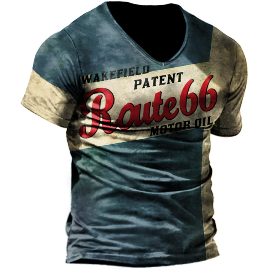 

Retro Route 66 Motorcycle Oil Print Men's Outdoor Tactical Short Sleeve T-Shirt
