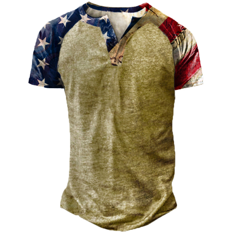 

Men's Outdoor American Flag Print Patchwork Henley Shirt