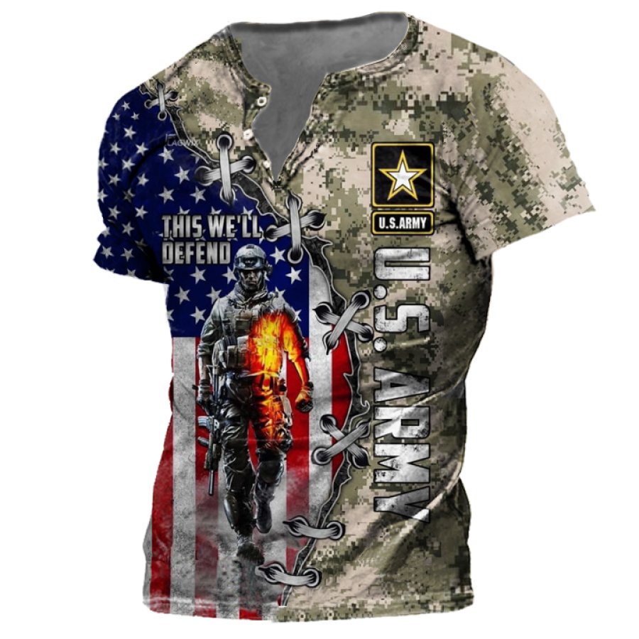 

Men's Flag Veteran Military Colorblock Print Henley Collar T-Shirt