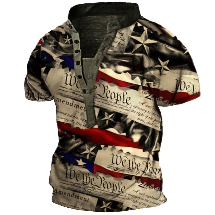 

We The People Men's Flag Print Henley Collar T-Shirt